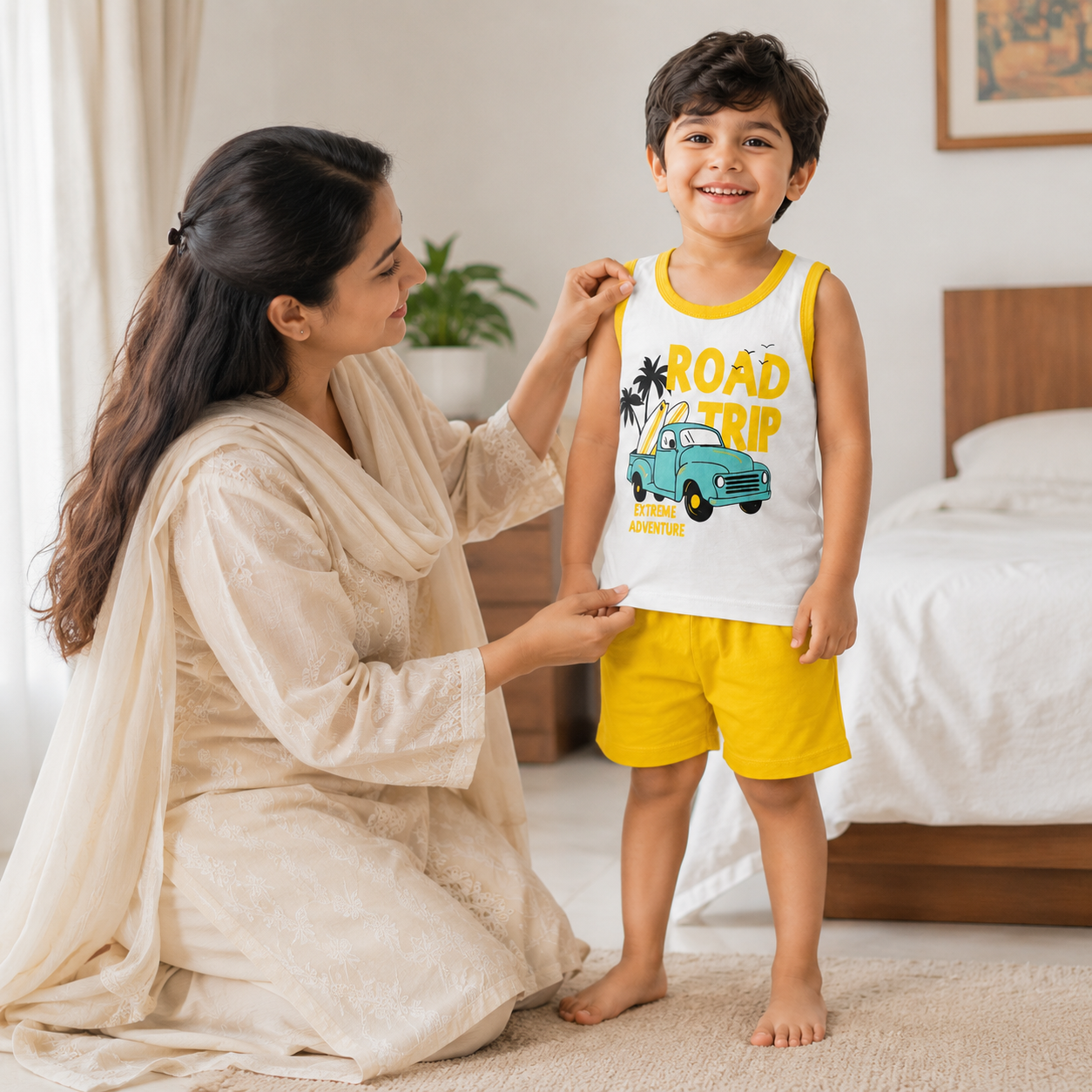 Mother helping child wearing kids road trip sleeveless shirt and shorts set