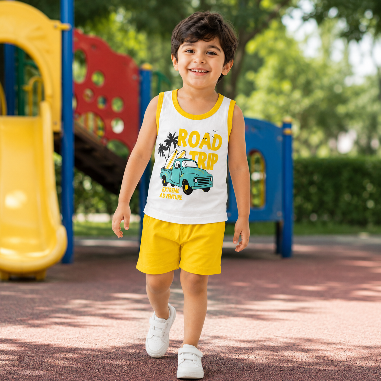Pakistani child wearing kids road trip sleeveless shirt and shorts set at playground