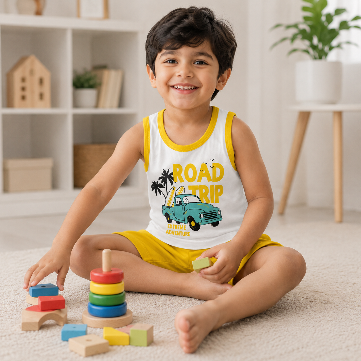 Pakistani child wearing kids road trip sleeveless shirt and shorts set while playing indoors