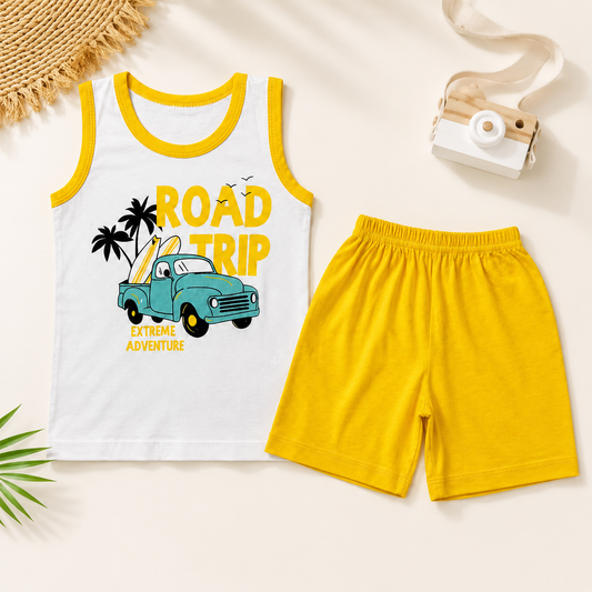 Kids road trip sleeveless shirt and shorts set styled flat lay