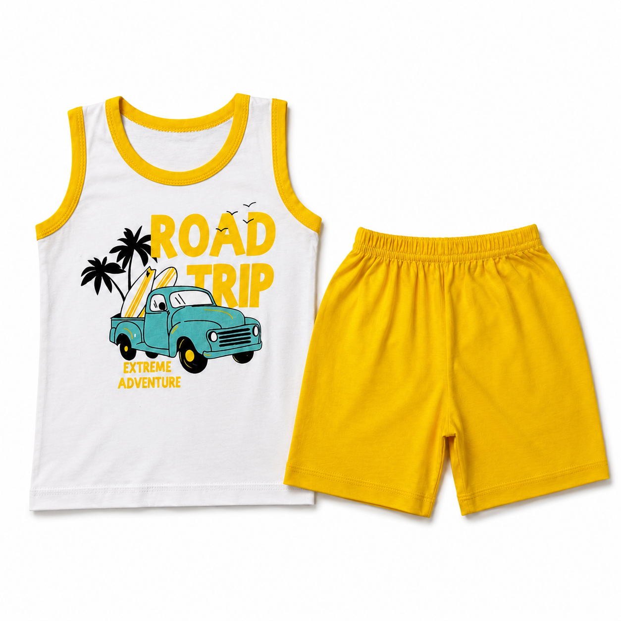 Kids road trip sleeveless shirt and shorts set on white background
