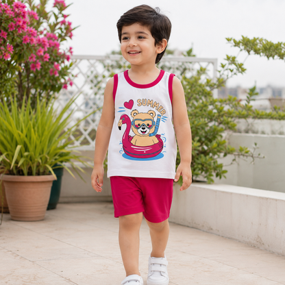 Pakistani child wearing kids summer sleeveless shirt and shorts set in garden