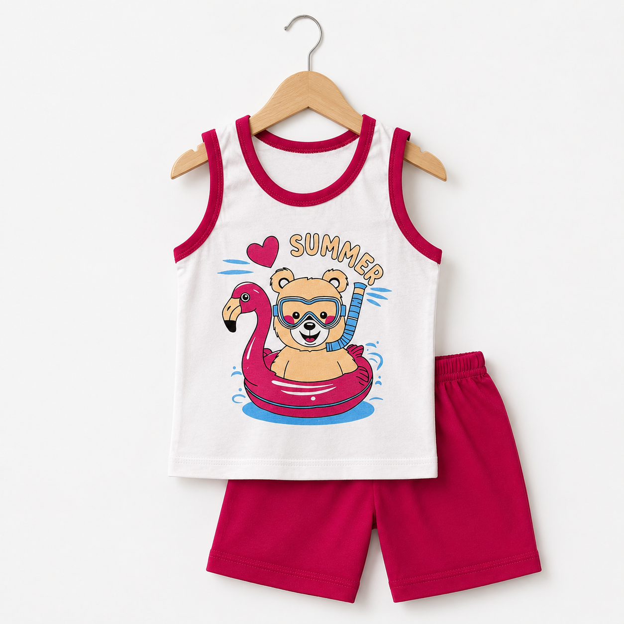 Kids summer sleeveless shirt and shorts set on hanger