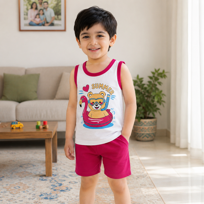 Pakistani child wearing kids summer sleeveless shirt and shorts set at home