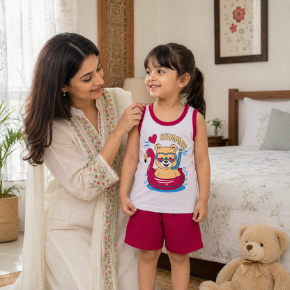 Mother helping child wearing kids summer sleeveless shirt and shorts set