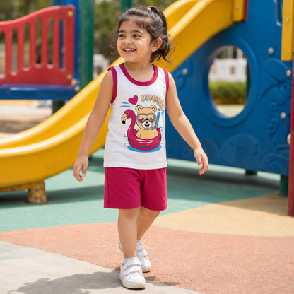 Pakistani child wearing kids summer sleeveless shirt and shorts set at playground
