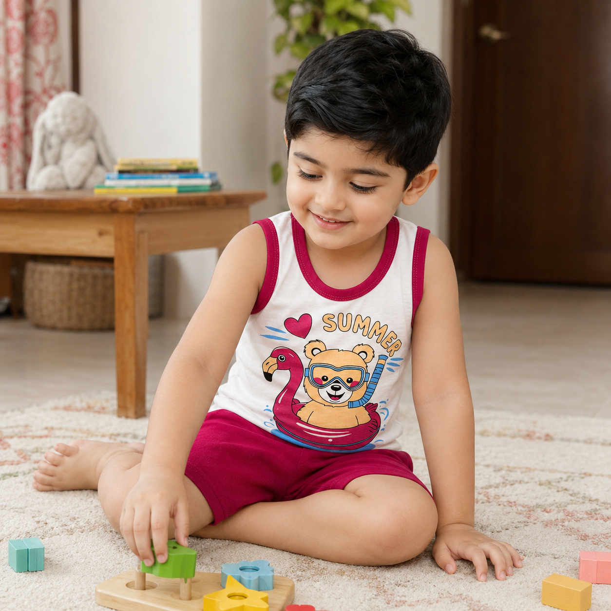Pakistani child wearing kids summer sleeveless shirt and shorts set while playing indoors