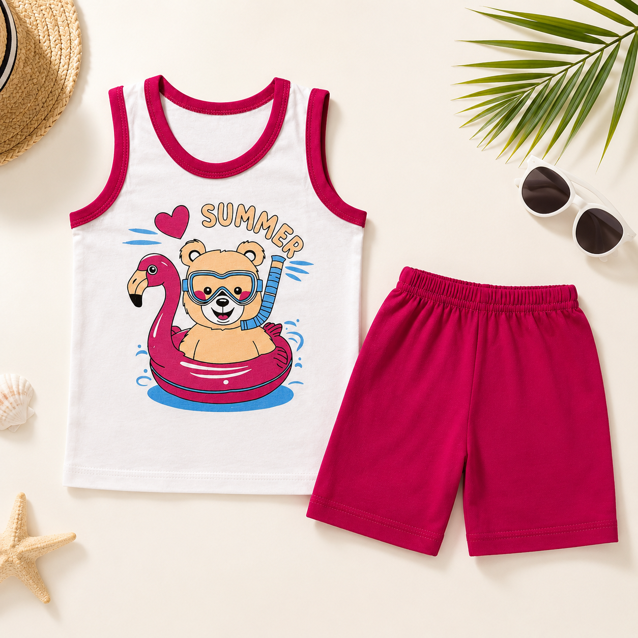 Kids summer sleeveless shirt and shorts set styled flat lay