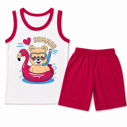 Kids summer sleeveless shirt and shorts set on white background