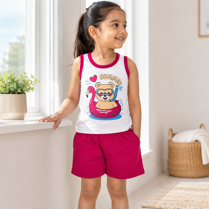 Pakistani child wearing kids summer sleeveless shirt and shorts set near window