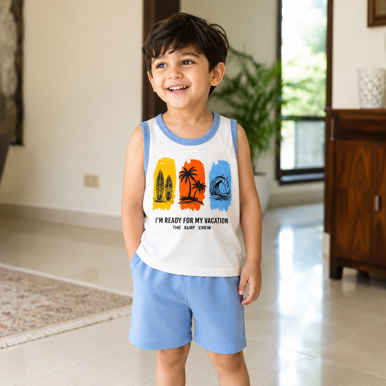 Kids vacation surf sleeveless shirt and shorts set folded product photo