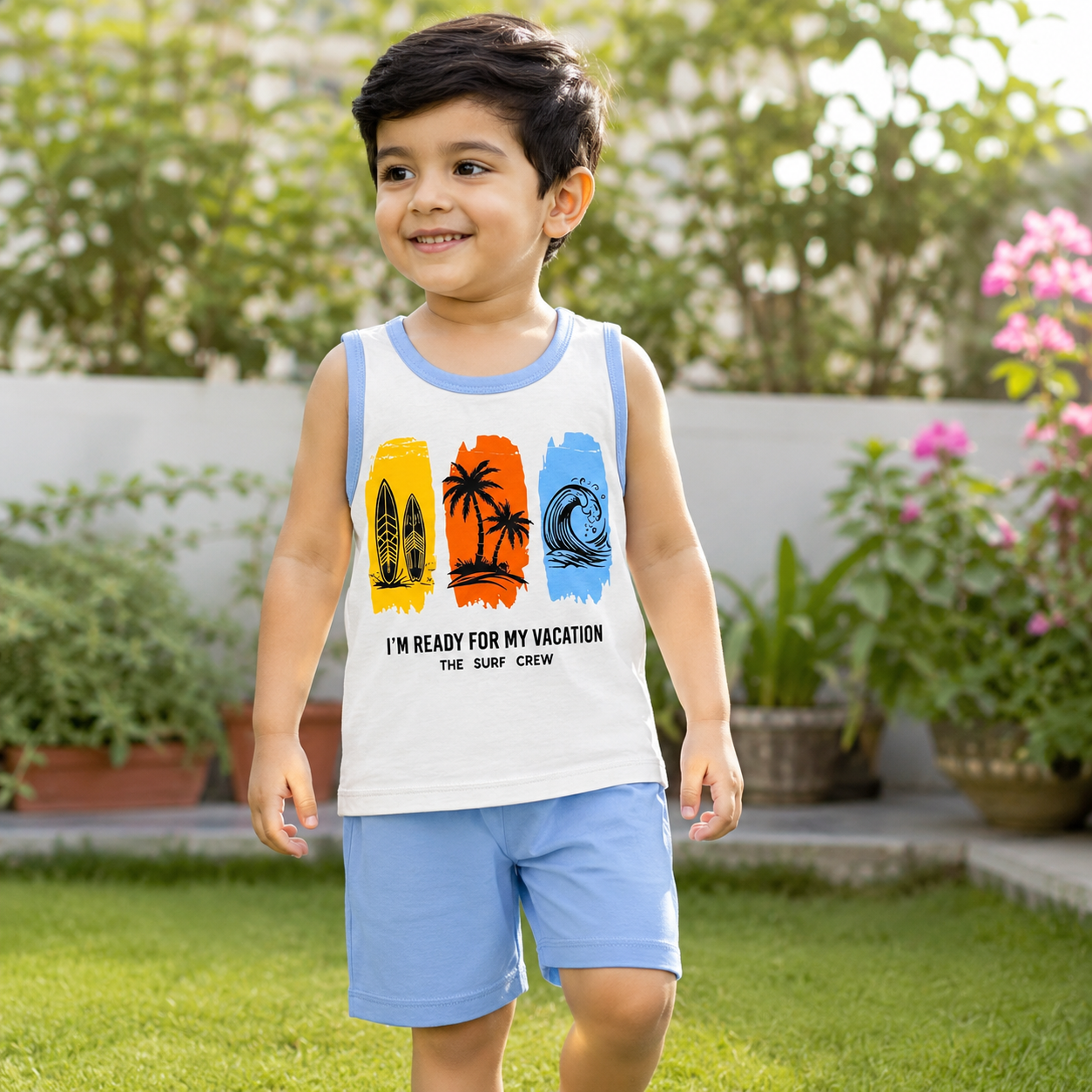 Pakistani child wearing kids vacation surf sleeveless shirt and shorts set in garden