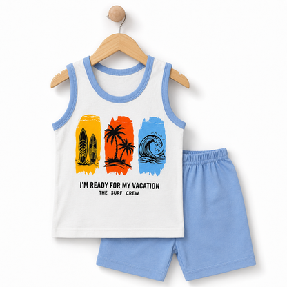 Kids vacation surf sleeveless shirt and shorts set on hanger