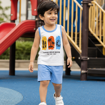 Pakistani child wearing kids vacation surf sleeveless shirt and shorts set at playground