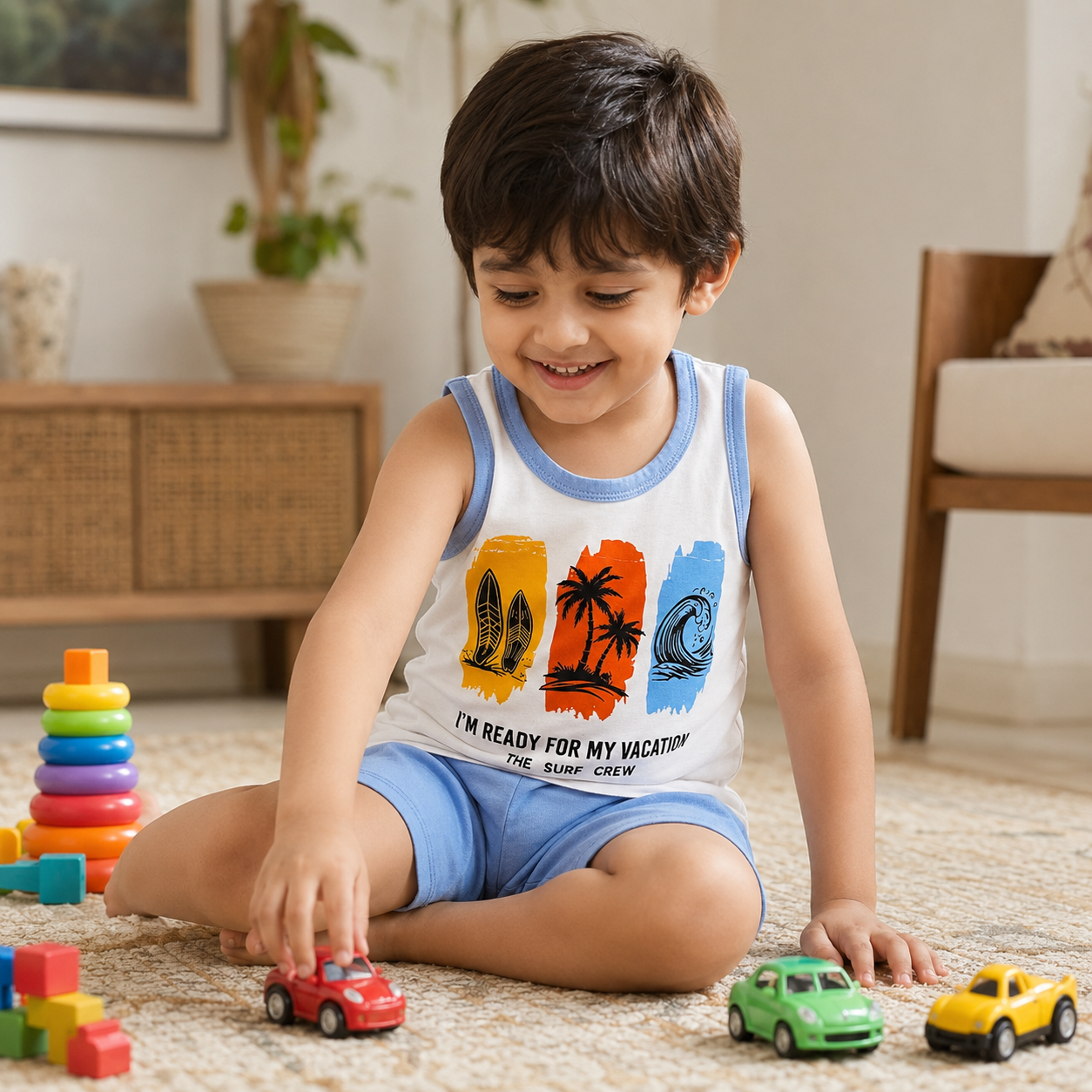 Pakistani child wearing kids vacation surf sleeveless shirt and shorts set while playing indoors
