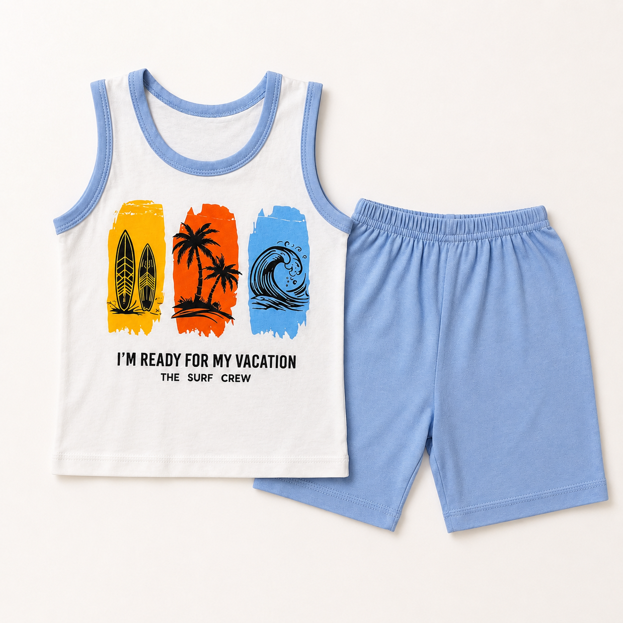 Kids vacation surf sleeveless shirt and shorts set premium flat lay