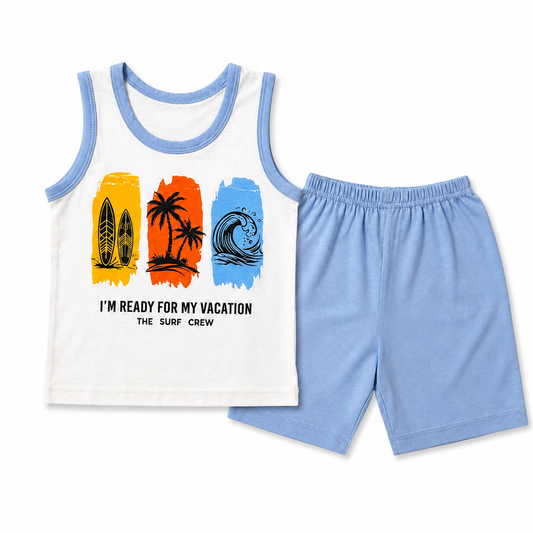 Kids vacation surf sleeveless shirt and shorts set on white background
