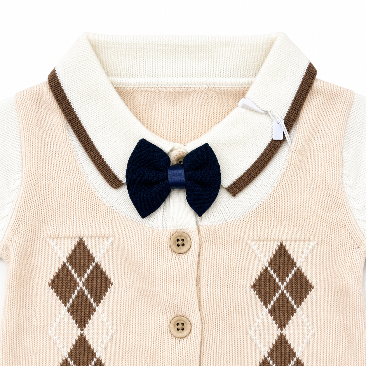 Knitted argyle baby romper collar bow tie and upper design detail