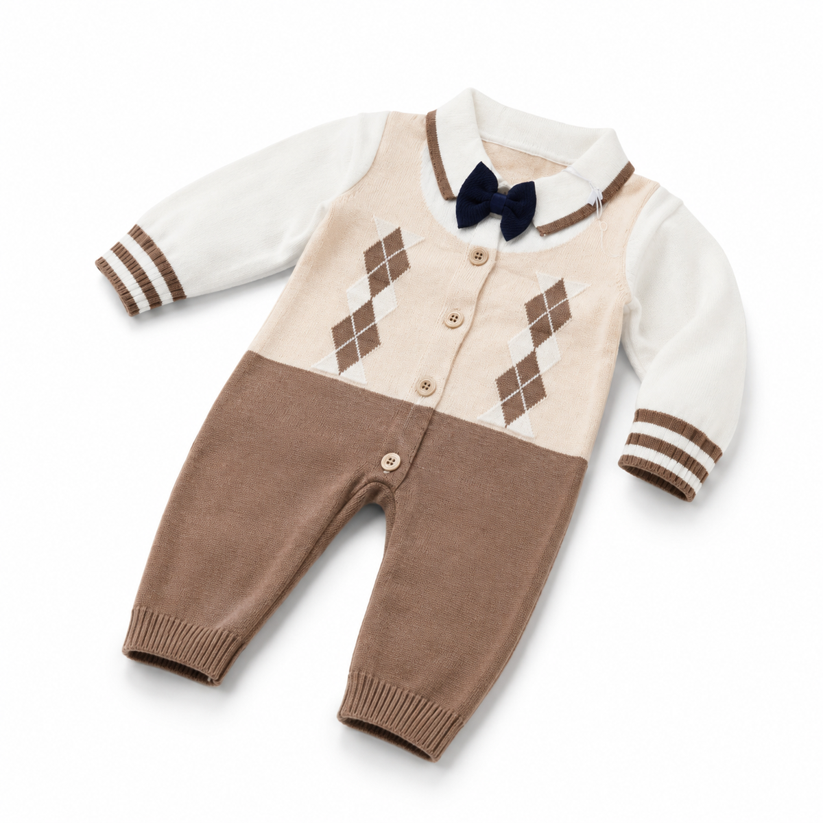 Knitted argyle baby romper three-quarter product view