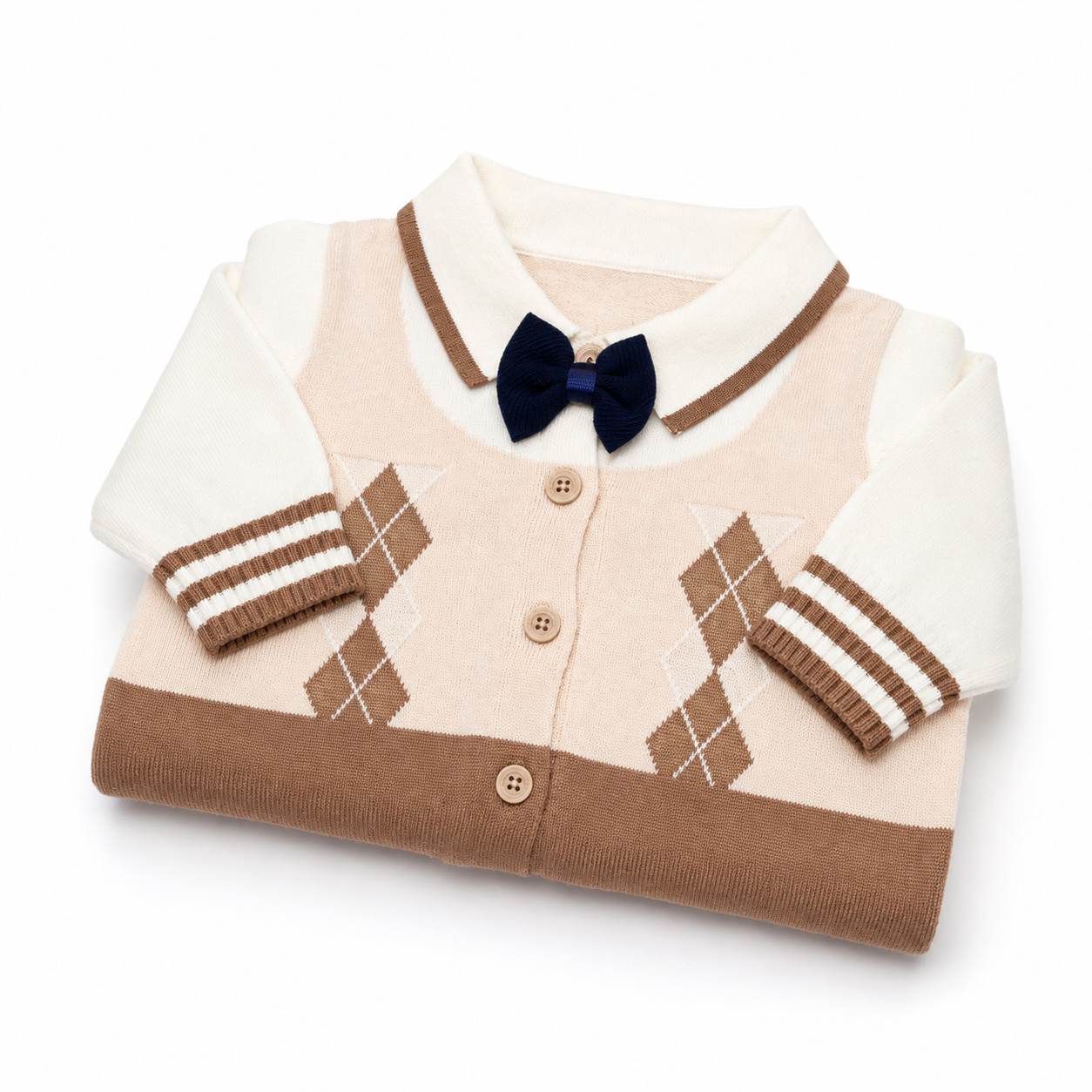 Knitted argyle baby romper folded presentation view