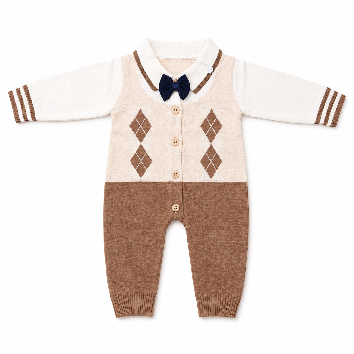 Knitted argyle baby romper front hero view