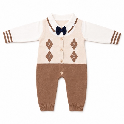 Knitted argyle baby romper front hero view