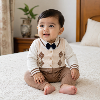Baby wearing knitted argyle romper in a warm Pakistani home setting