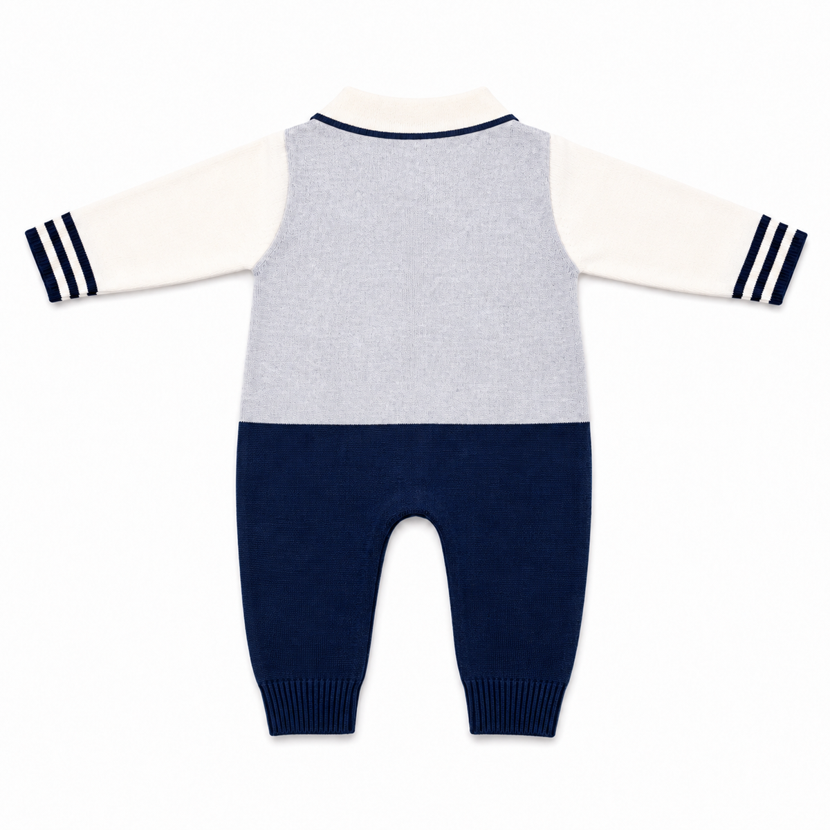 Navy and grey knitted argyle baby romper back view