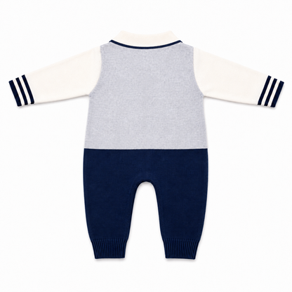 Navy and grey knitted argyle baby romper back view