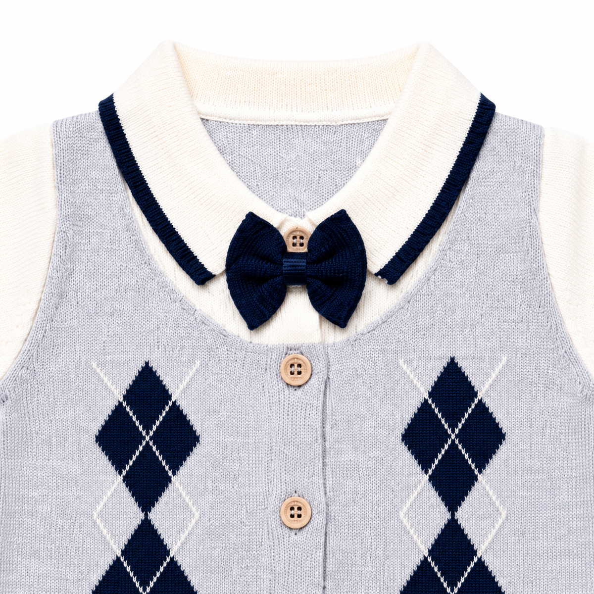 Navy and grey knitted argyle baby romper collar bow tie and upper design detail