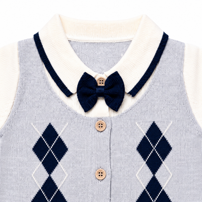 Navy and grey knitted argyle baby romper collar bow tie and upper design detail