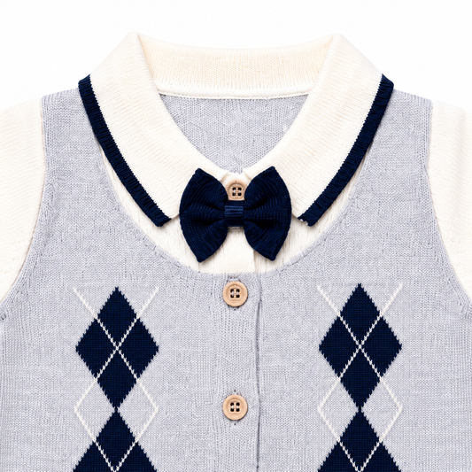 Navy and grey knitted argyle baby romper collar bow tie and upper design detail