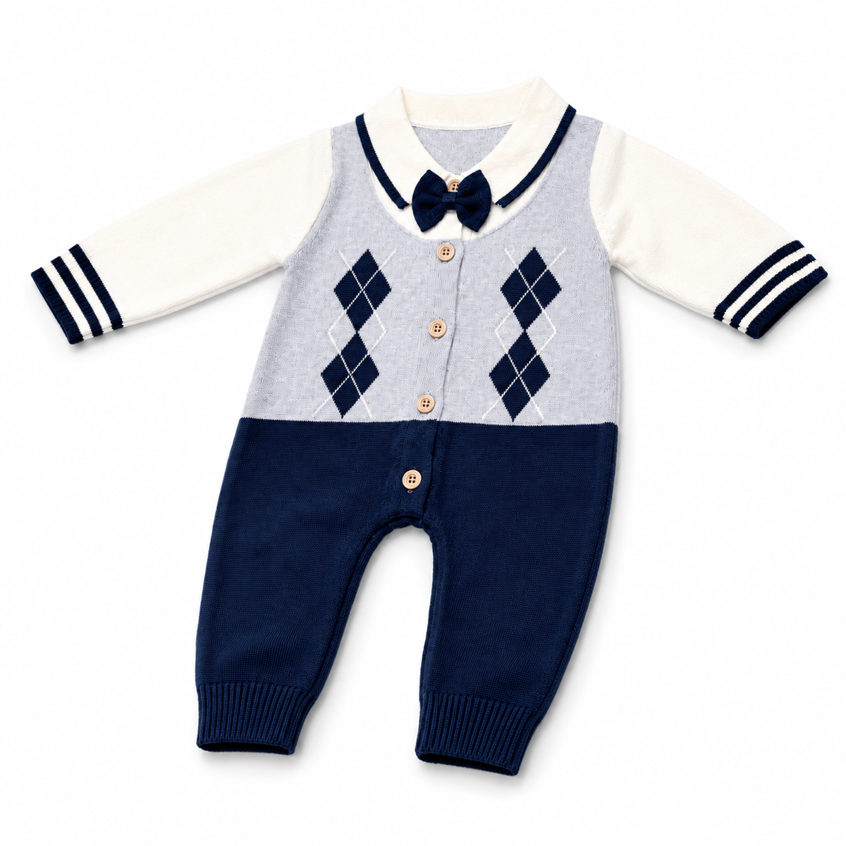 Navy and grey knitted argyle baby romper three-quarter product view