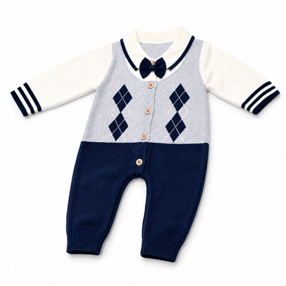 Navy and grey knitted argyle baby romper three-quarter product view