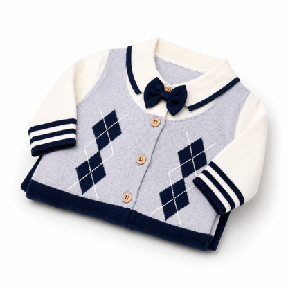 Navy and grey knitted argyle baby romper folded presentation view