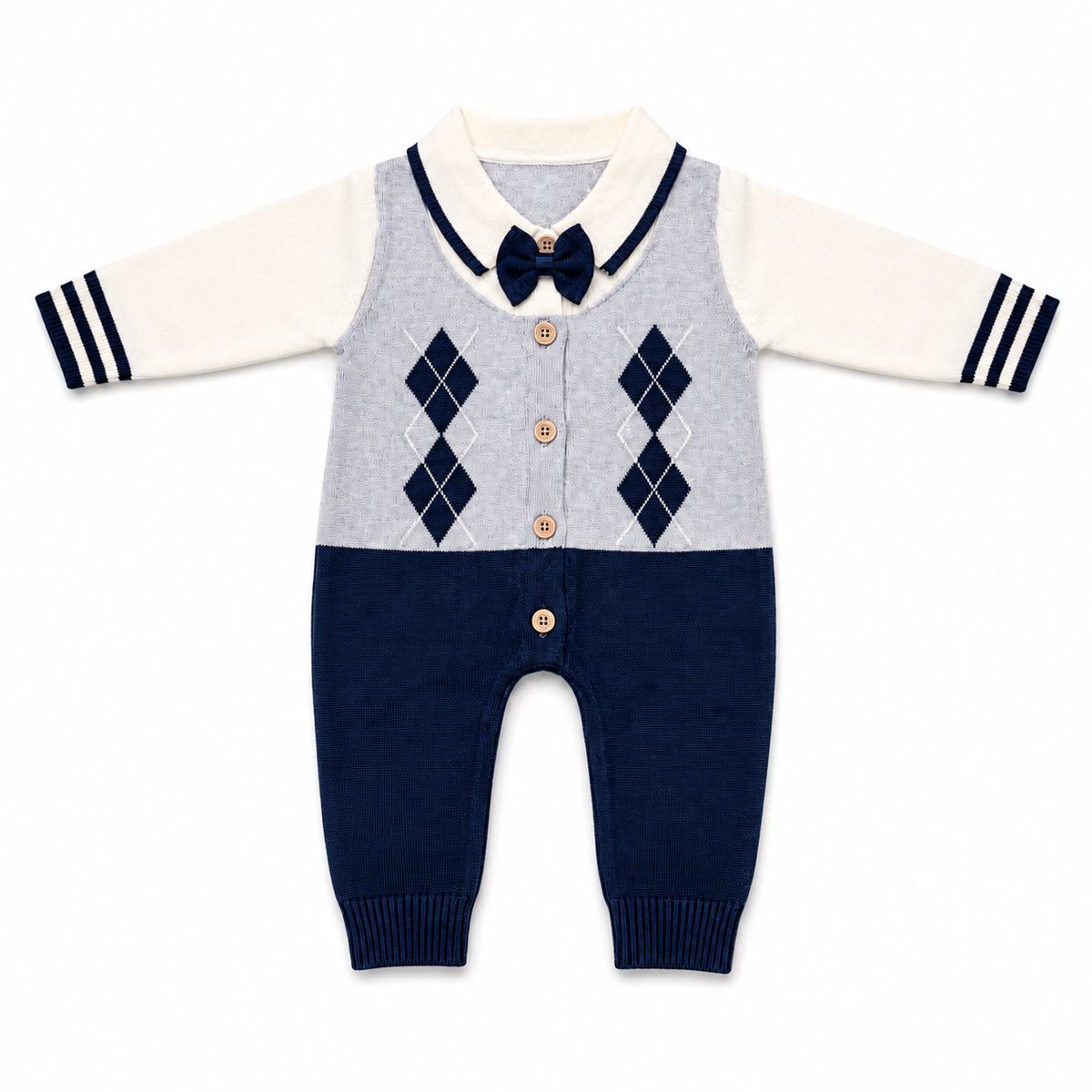 Navy and grey knitted argyle baby romper front hero view