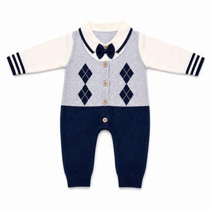 Navy and grey knitted argyle baby romper front hero view