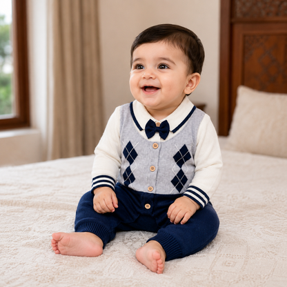 Baby wearing navy and grey knitted argyle romper in a Pakistani home setting