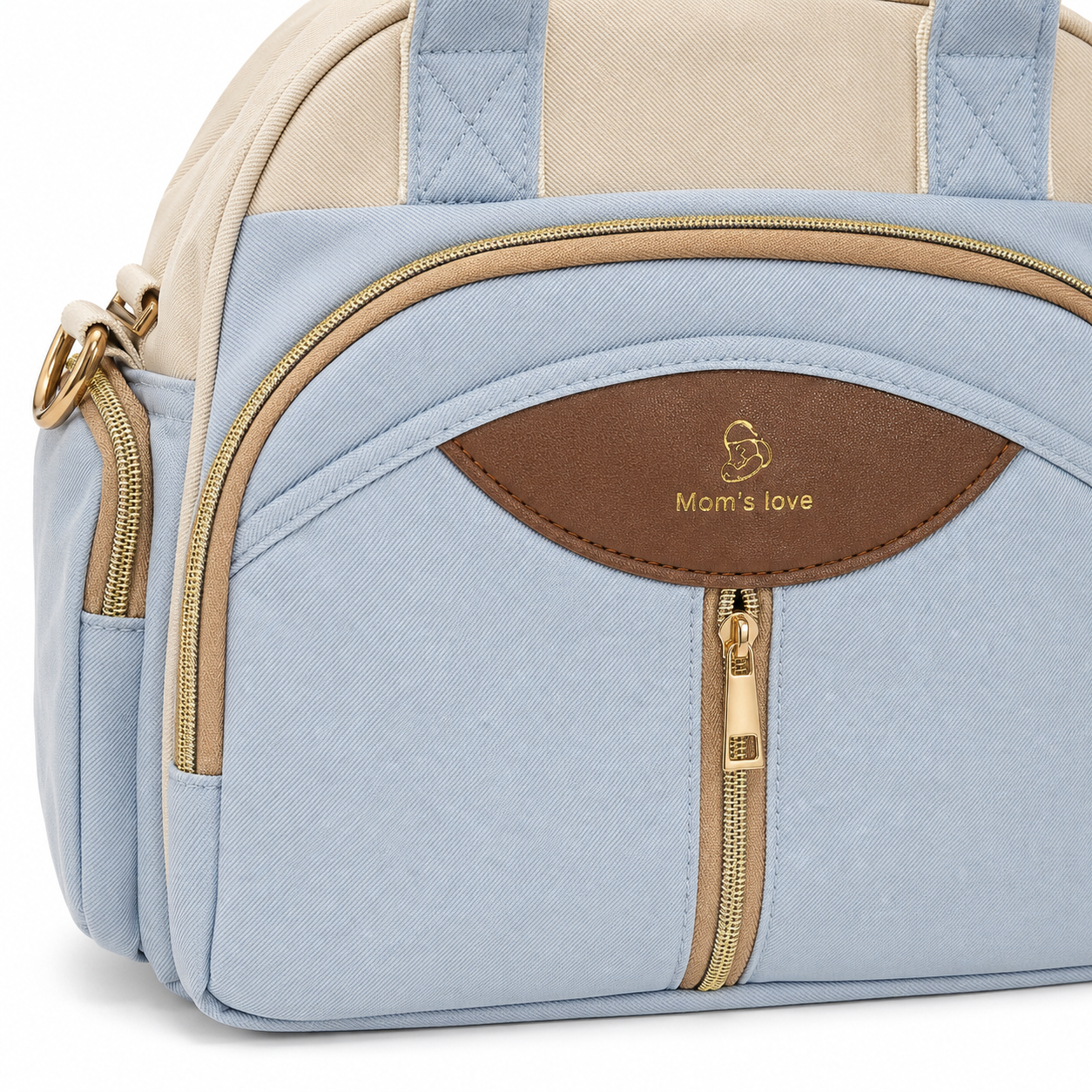 Mom’s Love blue and cream baby diaper carry bag logo and zipper closeup