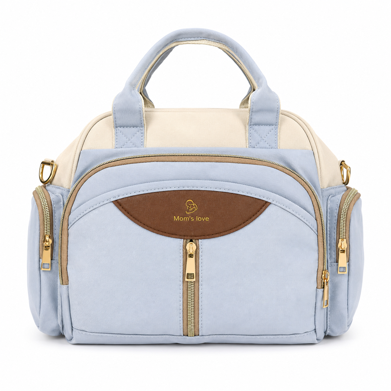 Mom’s Love blue and cream baby diaper carry bag front view