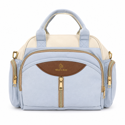 Mom’s Love blue and cream baby diaper carry bag front view