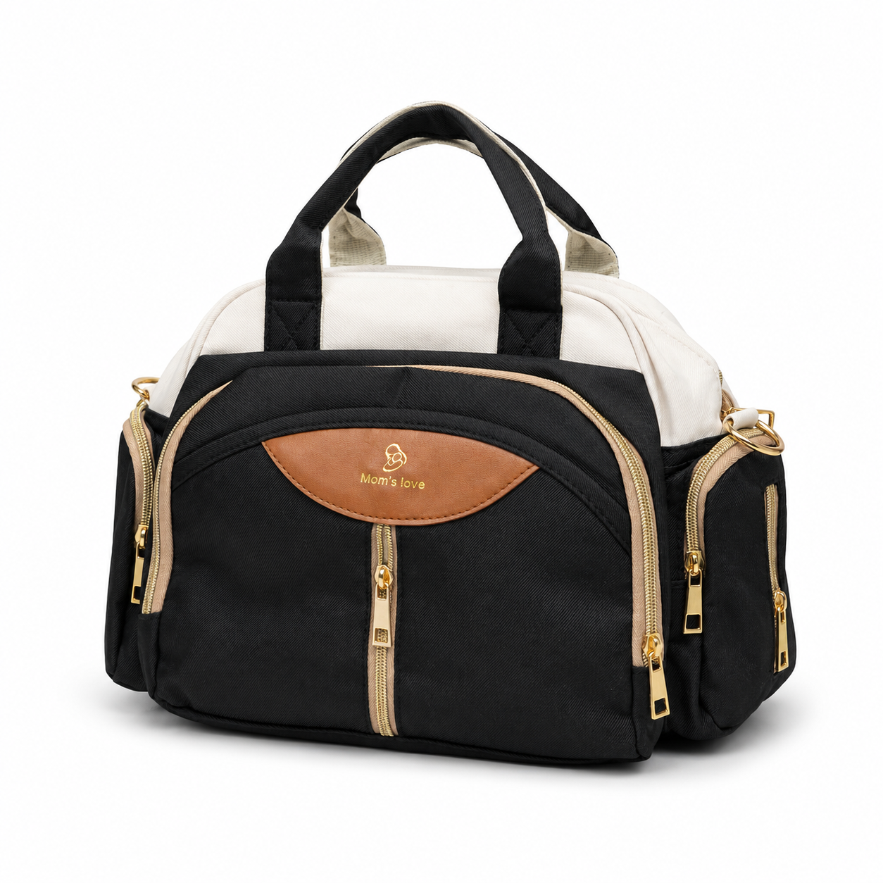Mom’s Love baby diaper carry bag in black and cream premium product photo