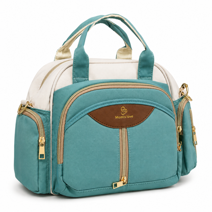 Mom’s Love baby diaper carry bag in teal and cream straight front view