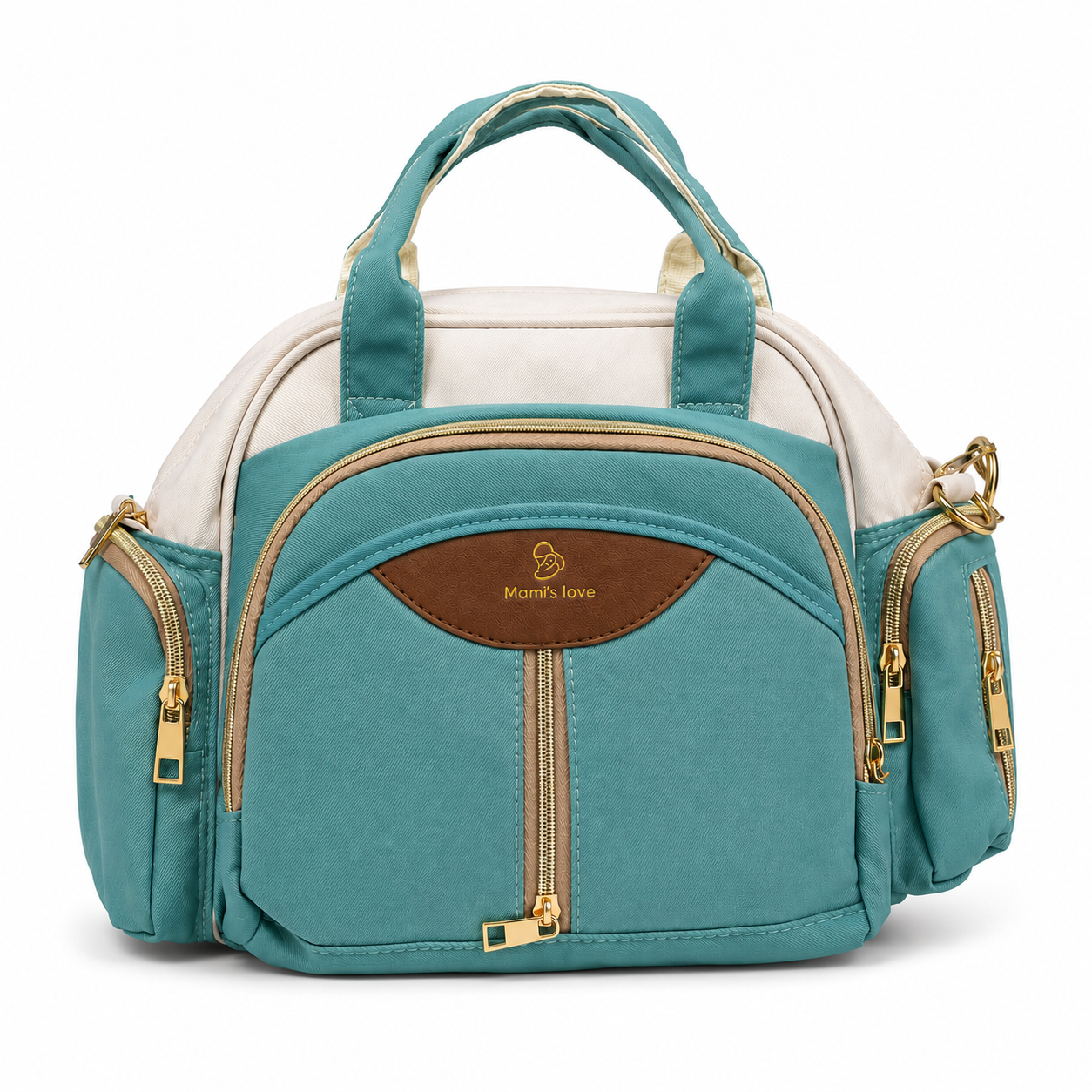Mom’s Love baby diaper carry bag in teal and cream front view
