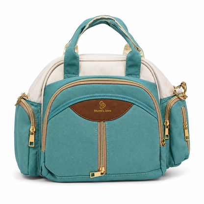 Mom’s Love baby diaper carry bag in teal and cream front view