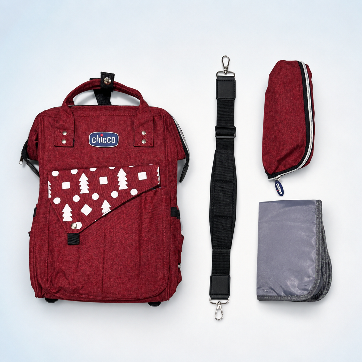 Burgundy backpack with shoulder strap bottle pouch and changing mat