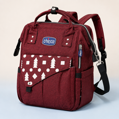 Burgundy mother and baby backpack three-quarter view