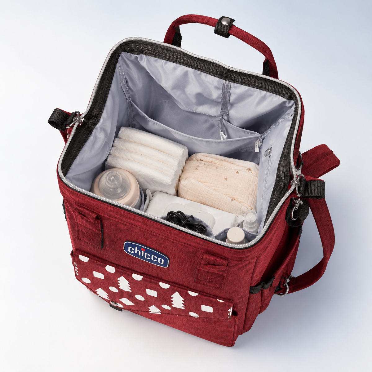 Burgundy mother and baby backpack organised capacity