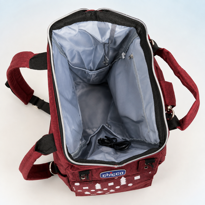 Burgundy mother and baby backpack open interior