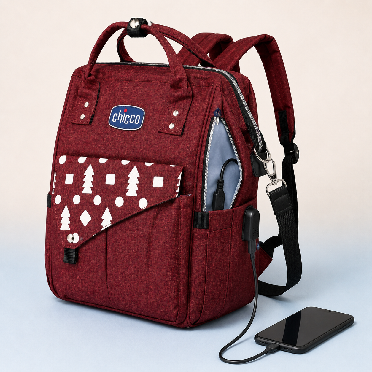 Burgundy mother and baby backpack USB access